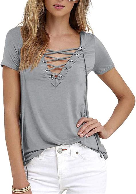 Women Loose Casual Shirt Lace Up T Shirt V Neck Solid Pierced Long