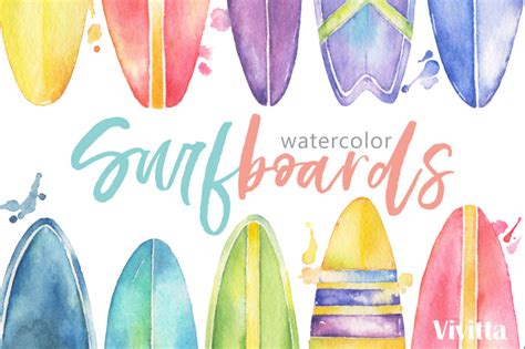 surfing watercolor surfboards by vivitta thehungryjpeg