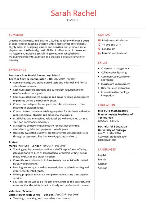 Get this free sample resume for teachers in word. High School Teacher Resume Sample - ResumeKraft