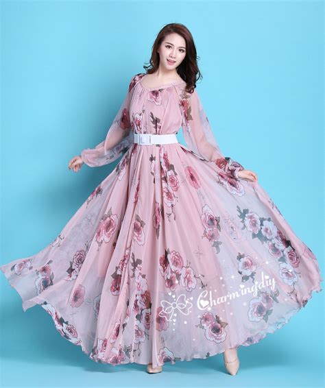 110 Colors Chiffon Pink Floral Flowber Autumn Long Sleeve Etsy Elegant Dresses For Women
