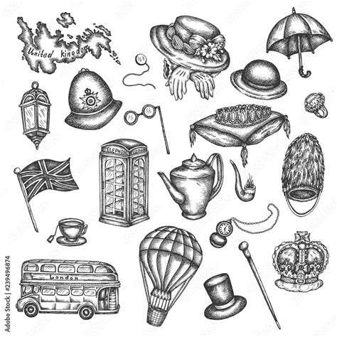 Sketch Of London Symbols Objects Symbolizing England Vector Hand Drawn