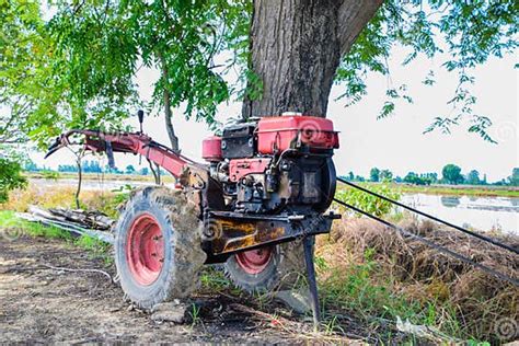 The Old Red Tiller Tractor Or Walking Tractor Parked Under The Tree In