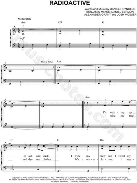 Download and print radioactive sheet music for easy piano by imagine dragons from sheet music direct. Imagine Dragons "Radioactive" Sheet Music (Easy Piano) in A Minor - Download & Print - SKU ...