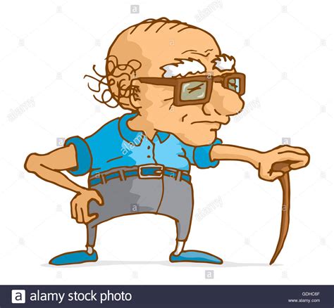 Cartoon Illustration Of Senior Man Leaning On Wood Cane Stock Photo Alamy