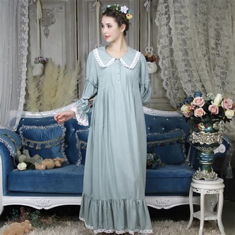 Autumn Royal Cotton Vintage Womens Princess Nightgowns Long Sleeve Elegant Collar Sleep Dress