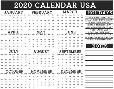 2020 Calendar With Us Holidays Holiday Printable Templates Holiday