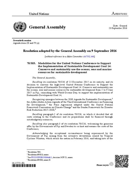 Unga Resolution 70303 Modalities For The Un Conf To Support The
