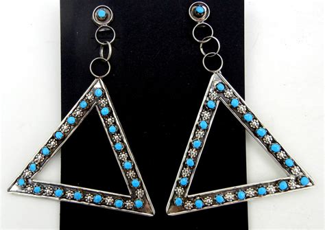 Zuni Large Turquoise Petit Point And Sterling Silver Triangle Dangle