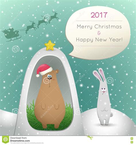 Xmas Card. Santa Congratulates Rabbit And Bear Stock ...