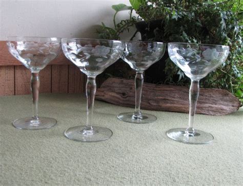 Etched Champagne Glasses Floral Pattern Set Of Four 4 Wine Etsy