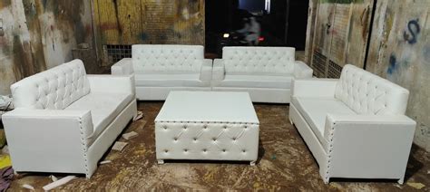 White Rectangular Wooden Carved Designer 5 Seater Wedding Sofa Rexin