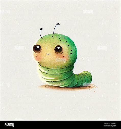 Cute Caterpillar Character Cartoon Watercolor Green Worm Funny
