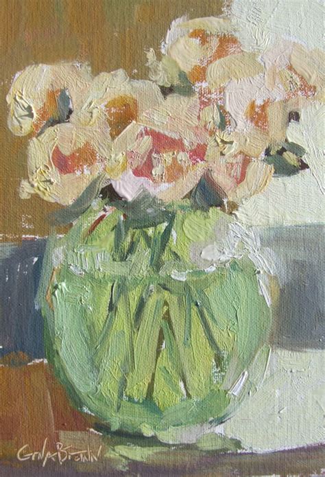 Small Impressionistic Painting Of Peaches Roses In Green Vase ~ Gina