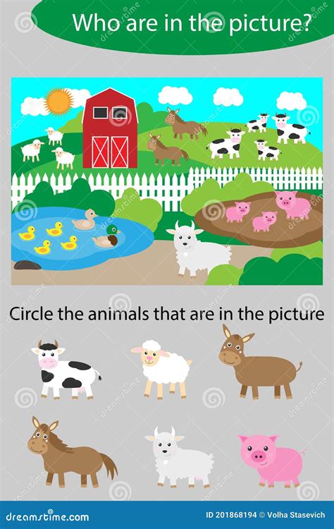 Circle The Animals Game For Children Farm With Animals Cartoon Style