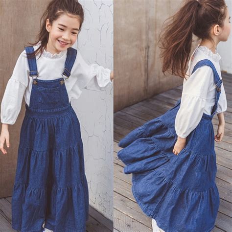 Baby Girls Skirt Suit Denim Strap Dress Long Sleeve T Shirt Kids