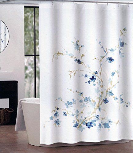 Tahari Fabric Shower Curtain Dark And Light Blue Floral Pattern With Beige Branches Printemps