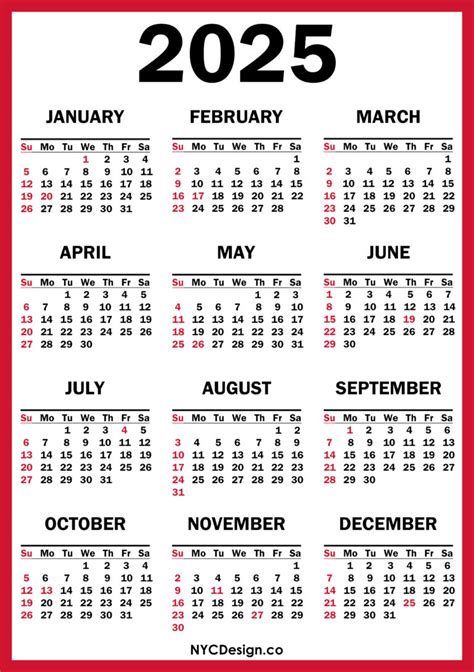 2025 Calendar With Us Holidays Printable Free Red Sunday Start