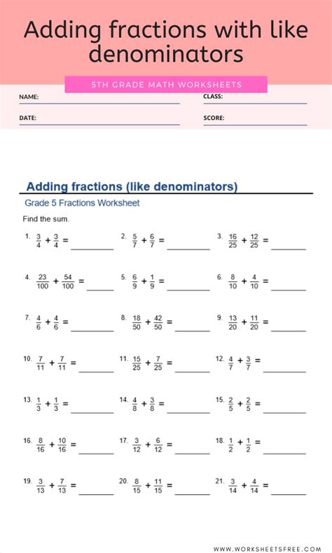 Adding Fractions With Like Denominators For Grade 5 Worksheets Free