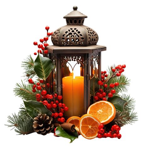 Christmas Lantern With Orange Cinnamon Berry And Pine Branches Lantern