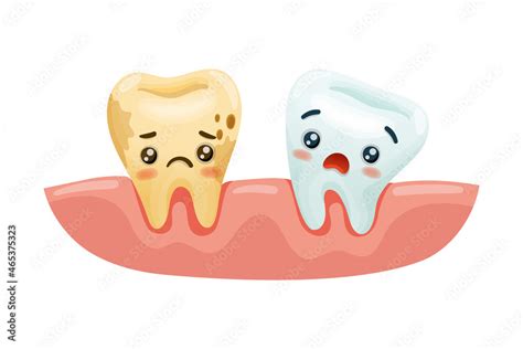 Cute Funny Healthy And Unhealthy Teeth Characters Oral Care Mouth