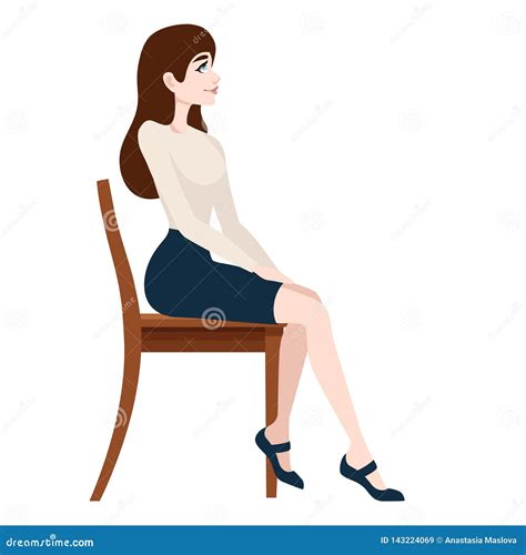 Pretty Woman In Business Clothes Sitting On Wooden Chair Cartoon