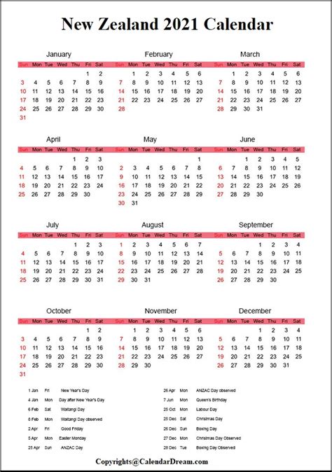 Free Printable New Zealand 2021 Calendar With Holidays Pdf