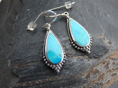 Genuine Turquoise Gemstone Earrings Pure Sterling Silver Etsy