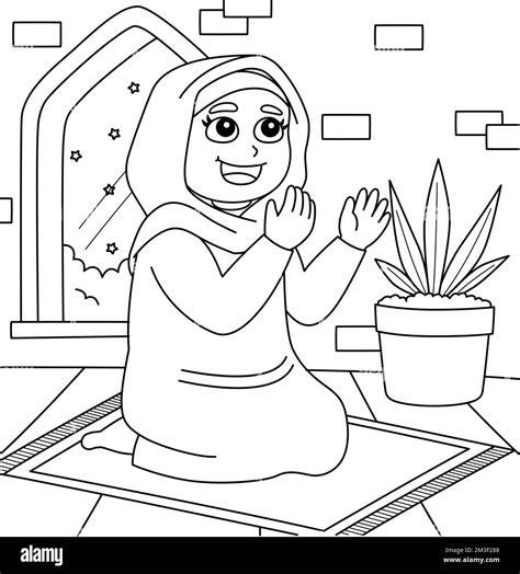 Ramadan Muslim Girl Praying Coloring Page For Kids Stock Vector Image