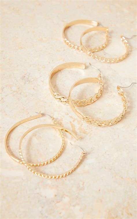 Gold 3 Pack Assorted Chain Hoop Earrings Prettylittlething Uae