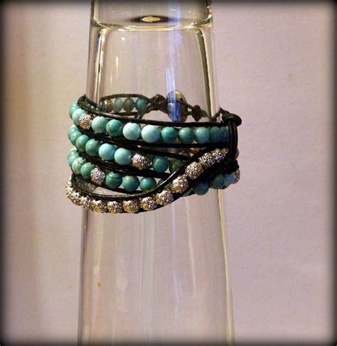 Leather And Bead Wrap Bracelet Turquoise Silver And Black Beaded