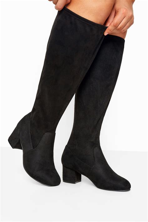black stretch vegan faux suede heeled knee high boots in extra wide fit yours clothing