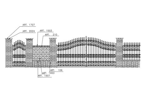 Classical Garden Gate With Perimeter Fence Front Elevation Details Dwg