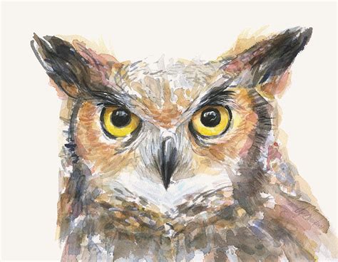 Great Horned Owl Watercolor Painting By Olga Shvartsur