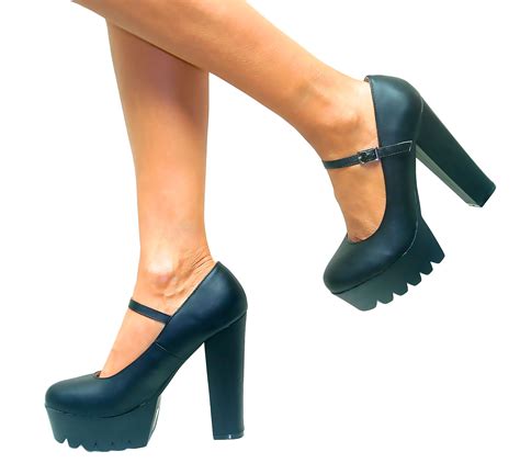Womens Chunky Cleated Sole Mary Jane Platform Block High Heel Goth