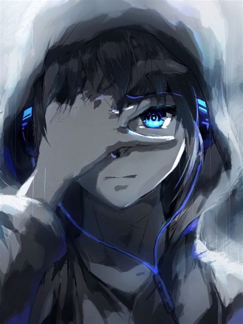 Download 600x800 Anime Boy Hoodie Blue Eyes Headphones