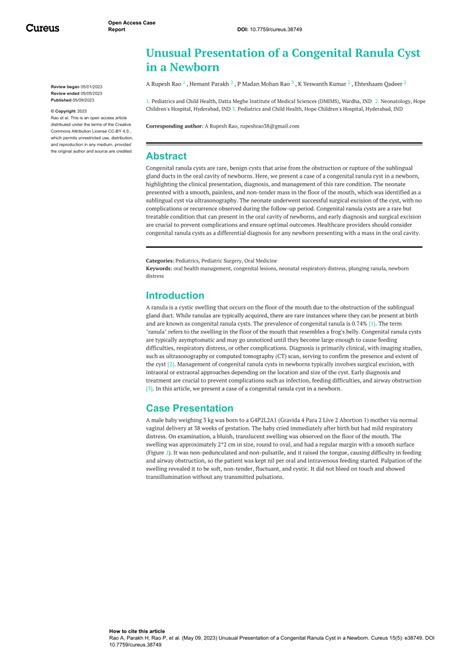 Pdf Unusual Presentation Of A Congenital Ranula Cyst In A Newborn