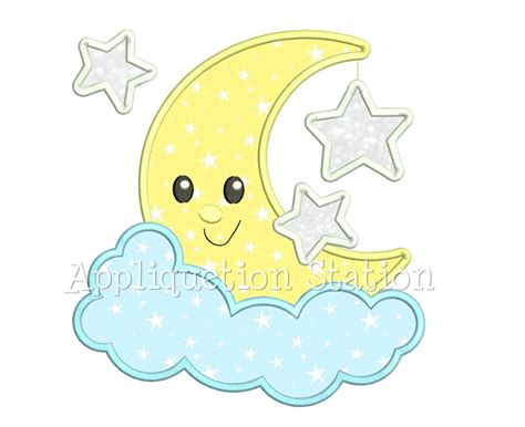 Moon And 3 Stars Awake Applique Machine Embroidery Design Etsy In