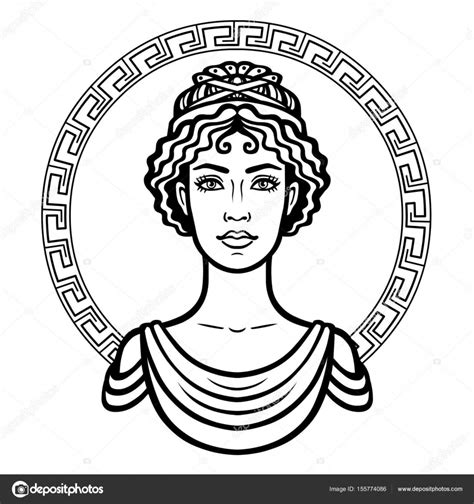 Linear Portrait Of The Young Greek Woman With A Traditional Hairstyle Decorative Circle Vector