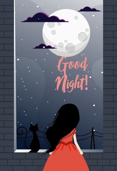 Good Night Banner Round Moon Little Girl Icons Vector People Free