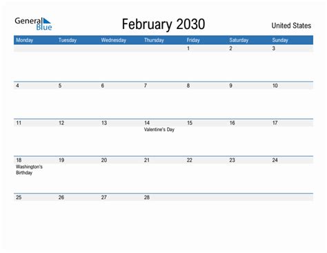 Editable February 2030 Calendar With United States Holidays