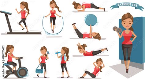 Exercise Woman Health Female Are Exercising Character Design Set Cute Girl Full Body Cartoon