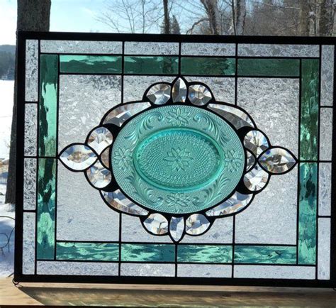 stained glass panel crystal clear and green tiara with bevels etsy stained glass panel