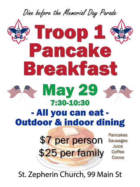 May 29 11th Annual Troop 1 Memorial Day Pancake Breakfast Wayland