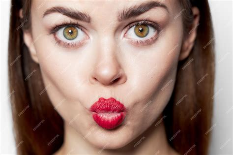 Premium Photo Closeup Portrait Of Woman Blowing Kiss Red Lips Attractive Look