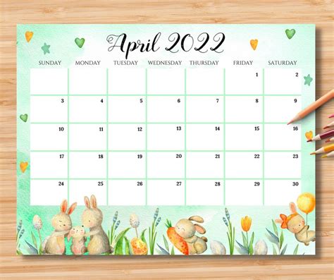 Editable April 2022 Calendar Happy Easter Day With Easter Etsy Canada