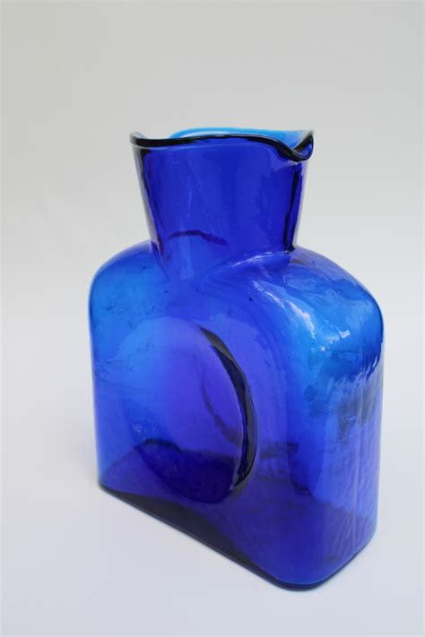 Vintage Blenko Hand Blown Glass Water Bottle Vase Classic Carafe In Cobalt Blue