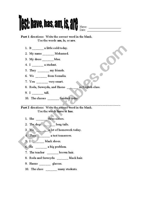 Practise your english grammar in the english classroom. TEST: have, has, am, is, are - ESL worksheet by ehelland33
