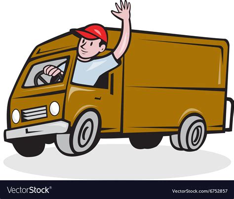 Delivery Man Waving Driving Van Cartoon Royalty Free Vector