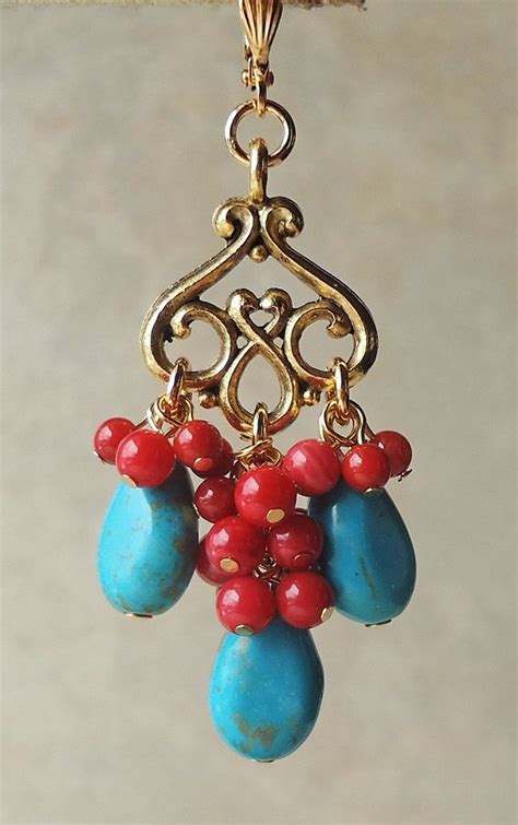 Turquoise Chandelier Earrings Red Coral Natural Stones Metal Etsy