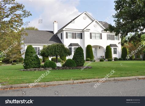 Evergreen Landscaped Suburban Home Front Yard In Residential District